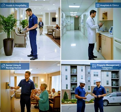 Four separate images of hospital and nursing homes. A pest professional consulting his commercial clients