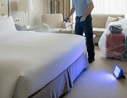A pest control tech from guestguard pest solutions treating for bedbugs, along the seam of a mattress in a hotel room in downtown st louis