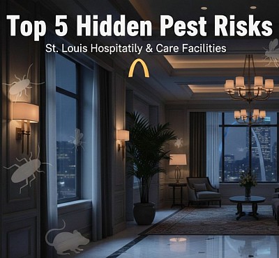 Cinematic-style image of a clean St. Louis hotel hallway with faint silhouettes of a cockroach, bed bug, mouse, and fly hidden in the shadows. Text overlay reads ‘Top 5 Hidden Pest Risks – St. Louis Hospitality & Care Facilities