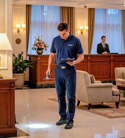 Hotel pest technician conducting preventive inspection in a St. Louis hotel lobby.
