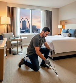 St. Louis pest control professional applying preventive pest treatment in hotel guest suite.