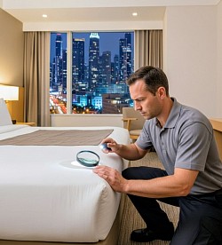 Pest control technician inspecting hotel mattress for bed bugs in a St. Louis hotel room.