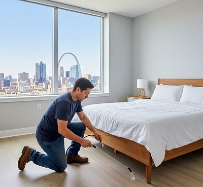 St. Louis pest control professional applying preventive pest treatment in hotel guest suite.