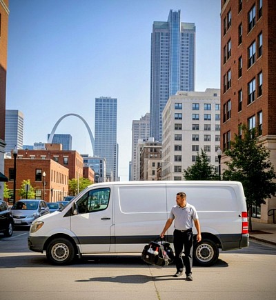 A discreet pest control vehicle in downtown st. Louis. Apartment buildings and a hotel is in the background