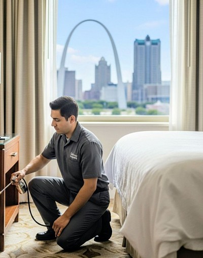 GuestGuard Pest Solutions technician in a downtown St. Louis hotel room treating a baseboard adjacent to a guests bed for the control of what appears to be a large bedbug population