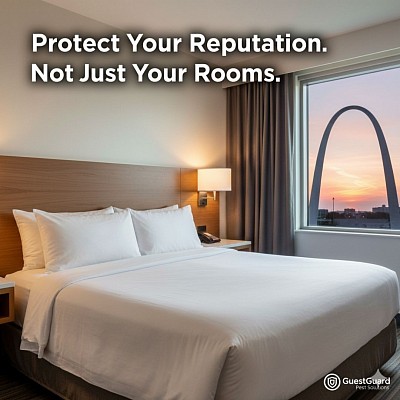 An image of a bed with white sheets in a hotel room in downtown St. Louis. The St Louis arch appears out the window. GuestGuard Pest Solutions prepares for a bedbug inspection and treatment
