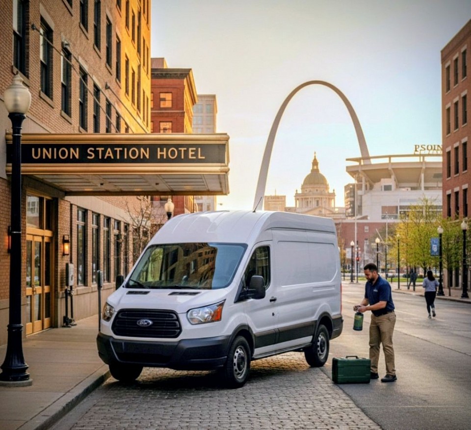 A technician, next to his unmarked commercial pest control van in front of a hotel in downtown St. Louis. The technician is preparing for a multiple room bed bug inspection and treatment