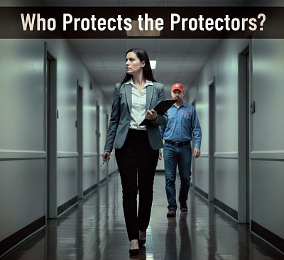 An Apartment property manager escorts a guest guard pest solutions technician, down a hallway in a St. Louis apartment building downtown